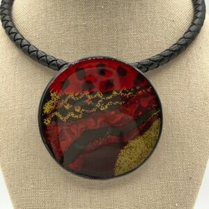 Chico's Statement Necklace Red Black Gold Abstract Resin Pendant Cord Boho Artsy